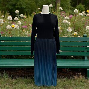 Nanette Lepore Ombre Pleated Midi Dress Blk Blue Long Sleeve Elegant Cocktail L